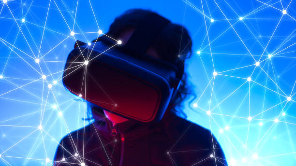 istock Girl watching interactive 3d video 360 degrees on wearable vr headset, triangle lines connection 1142810917