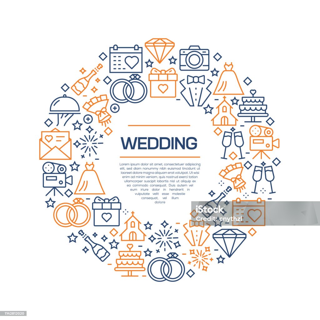 Wedding Concept - Colorful Line Icons, Arranged in Circle Art stock vector