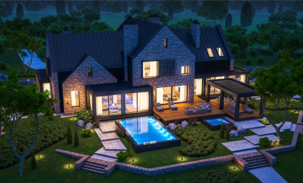 istock 3d rendering of modern clinker house on the ponds with pool in night 1142812224