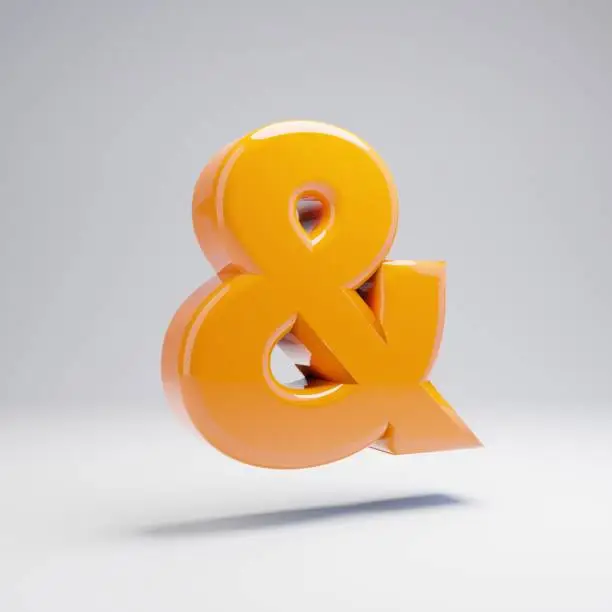 Volumetric glossy hot orange ampersand symbol isolated on white background. 3D rendered alphabet. Modern font for banner, poster, cover, logo design template element.