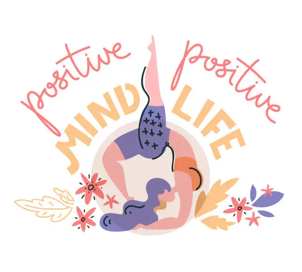 Vector illustration of Woman stands on her elbows, vector flat illustration. Positive mind - positive life.