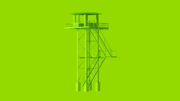 Lime Green Tall Watch Tower with Stairs 3 Quarter View 3d illustration