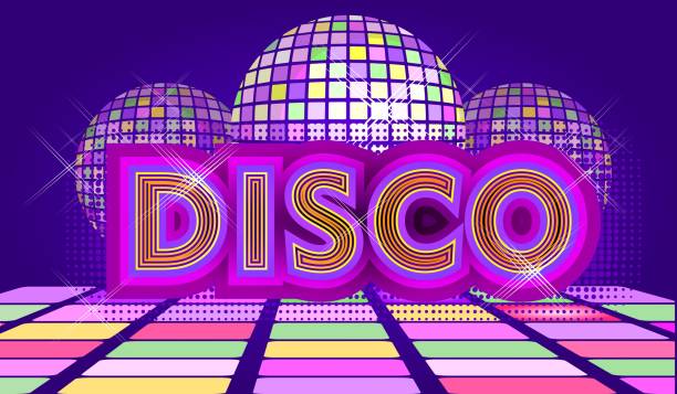 disco ball retro Disco ball with rays and sparkles, Abstract retro background for dance parties and night music shows, vector horizontal illustration in violet-golden colors. disco ball stock illustrations