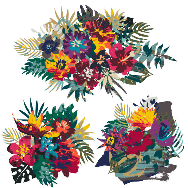 istock Vector collection of tropical plants and flowers bouquets and hand painted texture 1142813937