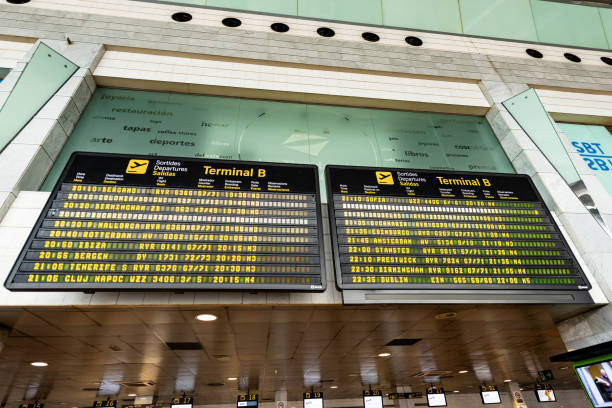 Barcelona, Spain - June 13th, 2014: interior of the Barcelona-El Prat Airport, timetable with airways destinations, Terminal B. Is located 10 km from the center of the city, Catalonia, Spain