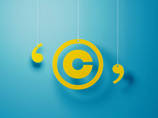 Yellow Copyright Symbol With String Over Blue Background Yellow copyright symbol with string hanging over blue background. Horizontal composition with copy space. intellectual property photos stock pictures, royalty-free photos & images