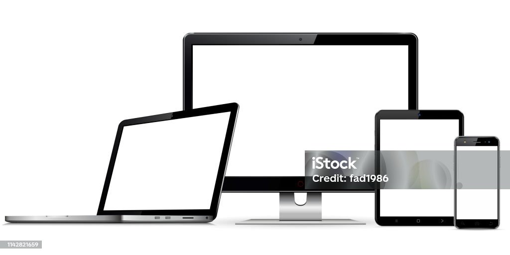 Ensemble d’écrans vierges avec moniteur d’ordinateur, ordinateur portable, tablette et smartphone - clipart vectoriel de Équipement libre de droits