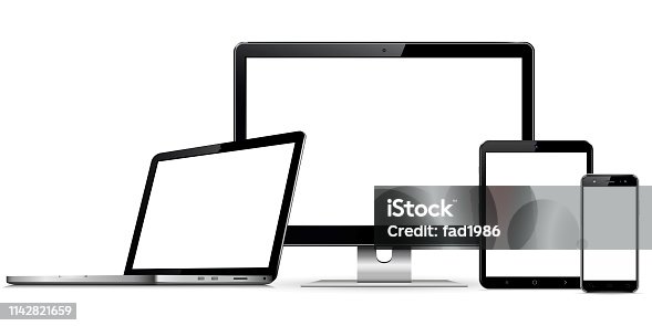 istock Set of blank screens with computer monitor, laptop, tablet, and smartphone 1142821659