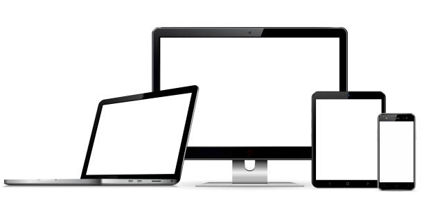 Set of blank screens with computer monitor, laptop, tablet, and smartphone Set of blank screens with computer monitor, laptop, tablet, and smartphone. Vector. illustration. netbook stock illustrations