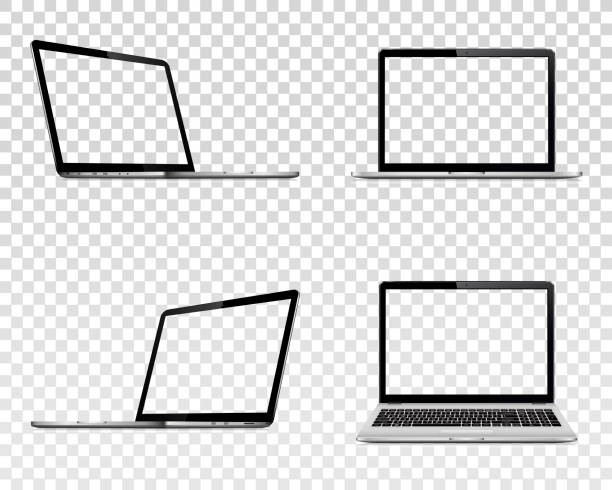 ilustrações de stock, clip art, desenhos animados e ícones de set of laptop with transparent screen. perspective, top and front view. - ponto de vista de filmagem
