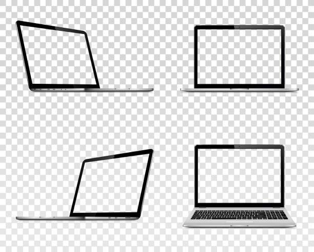 一套帶透明螢幕的筆記本電腦。透視、頂部和正面視圖。 - laptop isolated 幅插畫檔、美工圖案、卡通及圖標