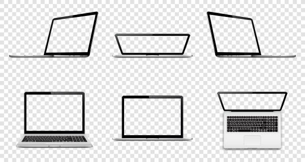 ilustraciones, imágenes clip art, dibujos animados e iconos de stock de laptop con pantalla transparente aislada sobre fondo transparente. perspectiva, vista superior y frontal con pantalla en blanco. - front or back yard illustrations