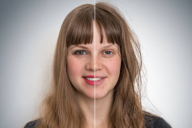 istock Woman face before and after cosmetic makeup 1142825010