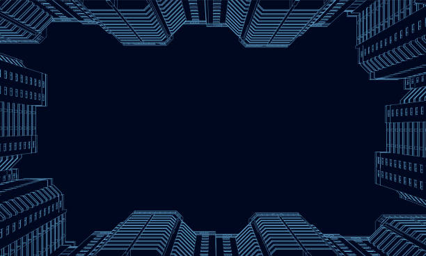 istock Wireframe of polygonal high-rise buildings of blue lines on a dark background. Bottom view. 3D. Vector illustration 1142825063