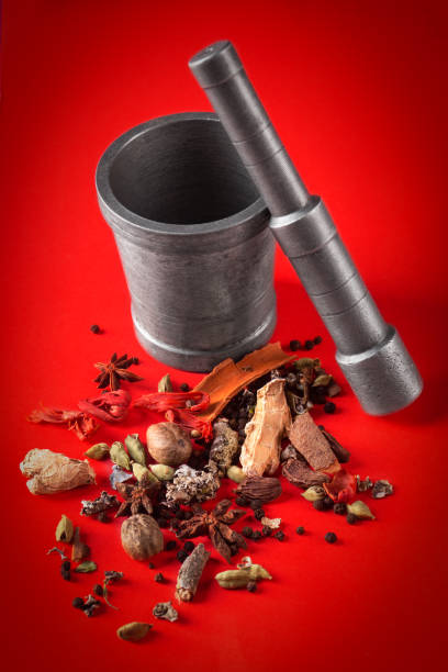 garam masala - cardamom cinnamon mortar and pestle herb stock-fotos und bilder