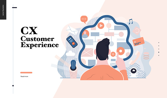 Technology 3 -CX customer experience - modern flat vector concept digital illustration of user or customer experience, a user in front of interface. Creative landing web page design template