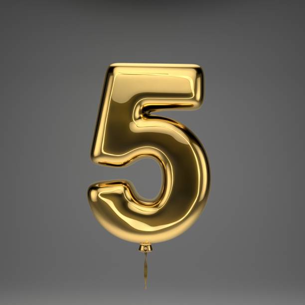 istock Golden glossy balloon number 5 isolated on dark background 1142828005