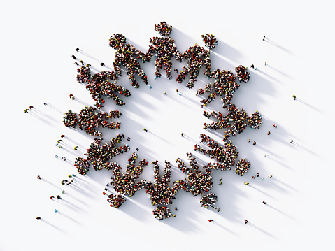 Human crowd forming a human link symbol on white background. Horizontal  composition with copy space. Clipping path is included. Bonding and social Media concept.