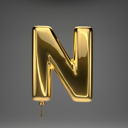 Golden glossy uppercase letter N isolated on dark background. 3D rendered alphabet. Inflated ballon font with golden ribbon.