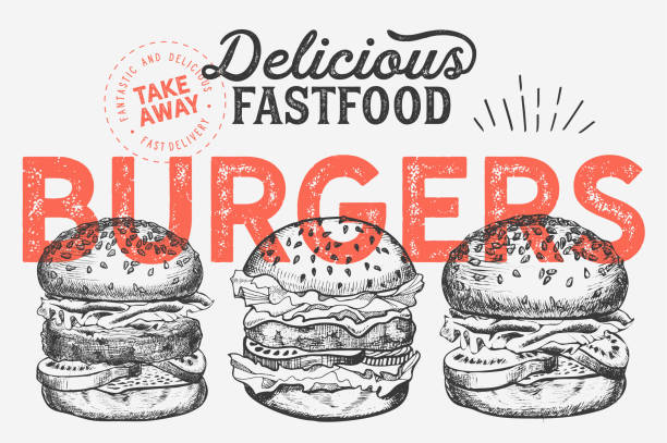 burger-illustration für restaurant auf vintage-hintergrund. vector handgezeichnetes plakat für fast-food-café und hamburger truck. design mit beschriftung und doodle-grafikgemüse. - burger stock-grafiken, -clipart, -cartoons und -symbole