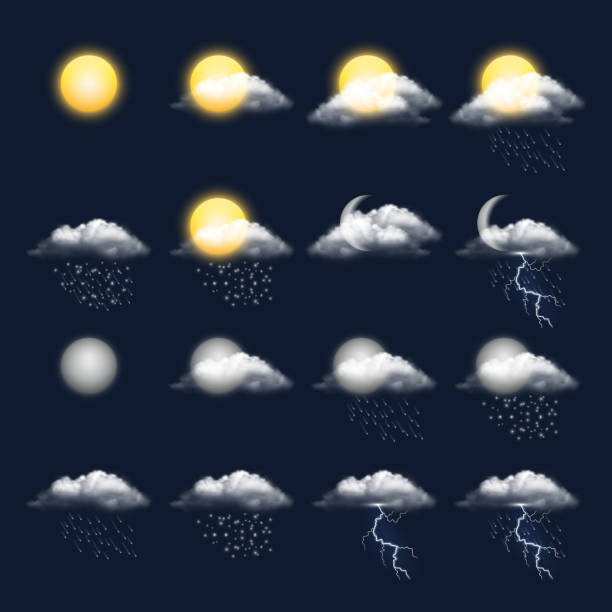 기상 현실적인 아이콘입니다. 구름, 태양, 비, 바람, 눈 벡터, 날씨 기호 - thunderstorm rain sun lightning stock illustrations