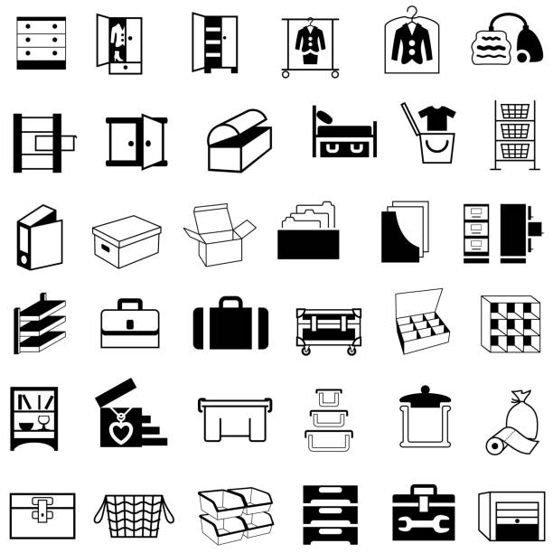 Storage Containers, Boxes and Furniture Icons Single color isolated icons of storage containers and housewares. filing tray stock illustrations