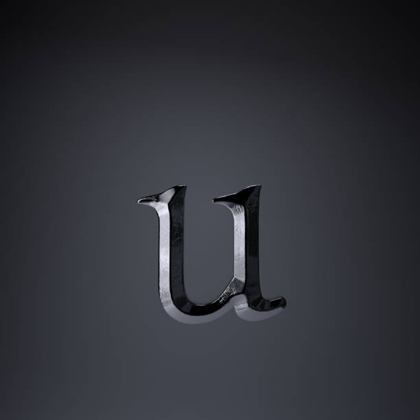 istock Chiseled iron letter U lowercase. 3d render game or movie title font isolated on black background. 1142833652