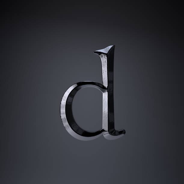 istock Chiseled iron letter D lowercase. 3d render game or movie title font isolated on black background. 1142833666