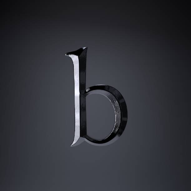istock Chiseled iron letter B lowercase. 3d render game or movie title font isolated on black background. 1142833718
