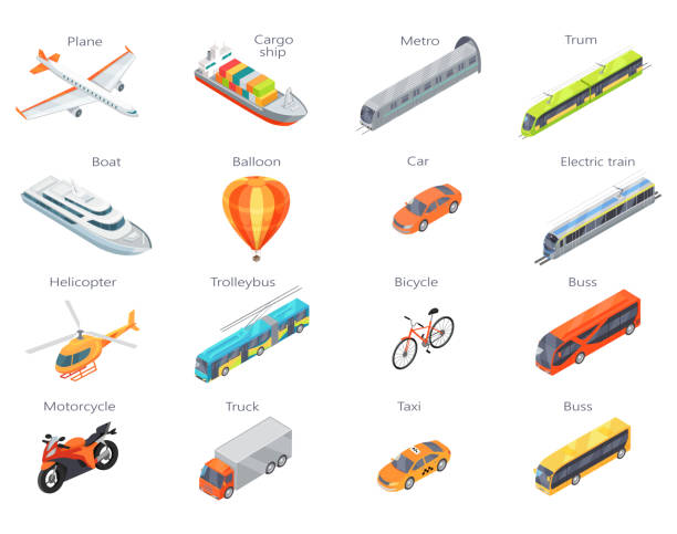 Vector Transport Icons in Isometric Projection Collection of transport icons. Vector in isometric projection. 3d illustrations of road, railway, flying, water, personal, public and commercial transport with caption. For ad design, app icons, games train vehicle stock illustrations