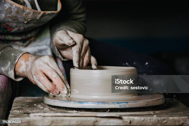Potter At Work Stock Photo - Download Image Now - Pottery, Clay, Hand