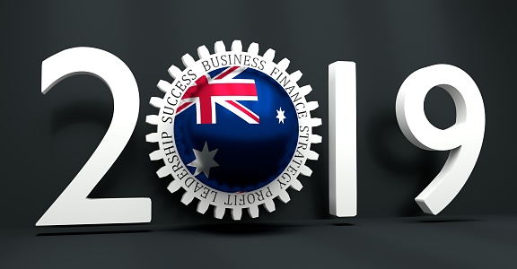 Cog wheel with Australia flag. Precision machinery relative backdrop. 2019 year number. 3D rendering