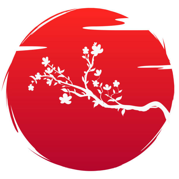 grunge stylu flagi japonii ikony sztuki. sylwetka kwitnie gałęzi sakura kwiaty i chmura na tle czerwonego słońca. wiosna i lato drzewo wiśnia symbol kultury symbol. wektor ilustracja t-shirt print - japanese flag flag japan japanese culture stock illustrations