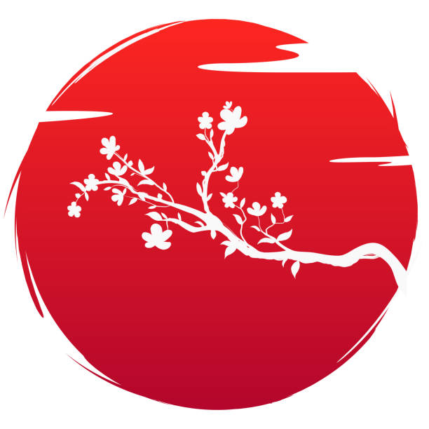 Grunge style flag of Japan icon art. Silhouette blossoms branch sakura flowers and cloud on background red sun. Spring and summer tree cherry wedding symbol culture. Vector illustration T-shirt print Grunge style flag of Japan icon art. Silhouette blossoms branch sakura flowers and cloud on background red sun. Spring and summer tree cherry wedding symbol culture. Vector illustration T-shirt print world nature heritage stock illustrations