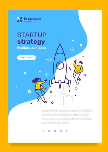 ilustrações de stock, clip art, desenhos animados e ícones de vector business template with illustration of people with space rocket launch. startup research concept with text on blue background. - teamwork occupation creativity taking off