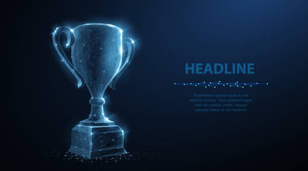 Trophy cup. Abstract vector 3d trophy isolated on blue background. Champions award, sport victory, winner prize concept. Competition success, first place, best win, celebration ceremony symbol. trophy award stock illustrations