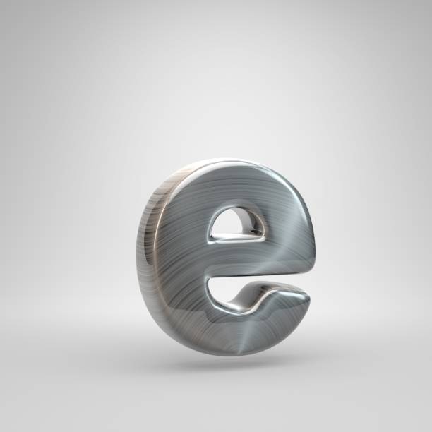 Brushed metal letter E lowercase. 3D render shiny metal font with light reflections isolated on white background.