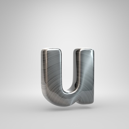 Brushed metal letter U lowercase. 3D render shiny metal font with light reflections isolated on white background.