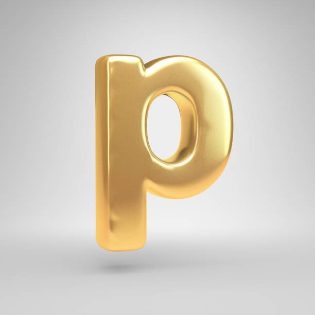 Bright gold letter P lowercase. 3D render shiny golden font isolated on white background
