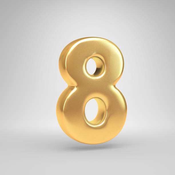 Bright gold number 8. 3D render shiny golden font isolated on white background