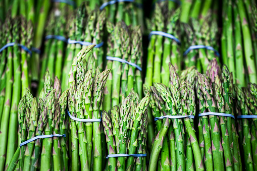Close up macro color image depicting bunches of fresh green asparagus in a row and for sale on a vegetable stall at an outdoors farmers market. Selective focus with room for copy space.