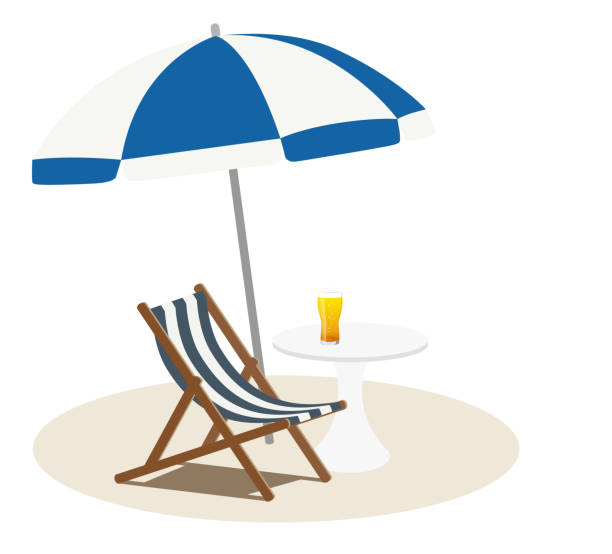 bildbanksillustrationer, clip art samt tecknat material och ikoner med strand parasoll och strand stol med öl - japansk paradis ö