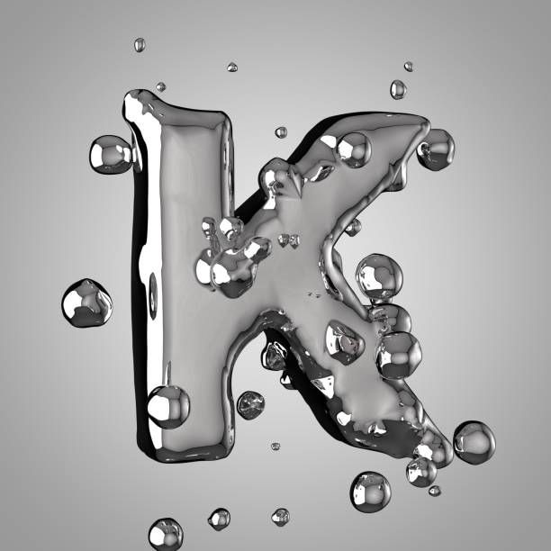 3 d 水銀文字 k 大文字。ドロップ付き3d レンダリング液体金属フォント - typescript mercury liquid metal ストックフォトと画像