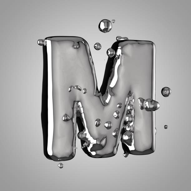 3 d 水銀文字 m 大文字。ドロップ付き3d レンダリング液体金属フォント - typescript mercury liquid metal ストックフォトと画像