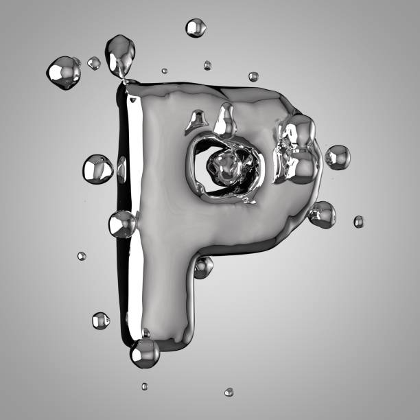 3 d 水銀文字 p 大文字。ドロップ付き3d レンダリング液体金属フォント - typescript mercury liquid metal ストックフォトと画像