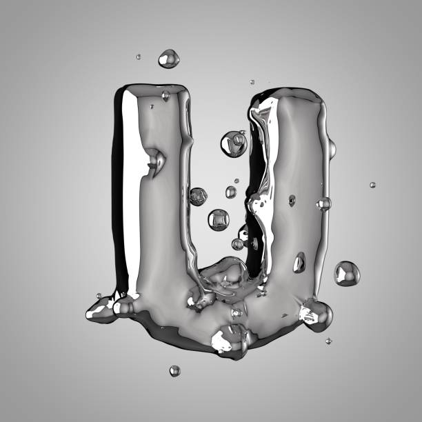 3d 水銀文字 u 大文字。ドロップ付き3d レンダリング液体金属フォント - typescript mercury liquid metal ストックフォトと画像