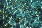 Beautiful shining pebbles under clear turquoise water