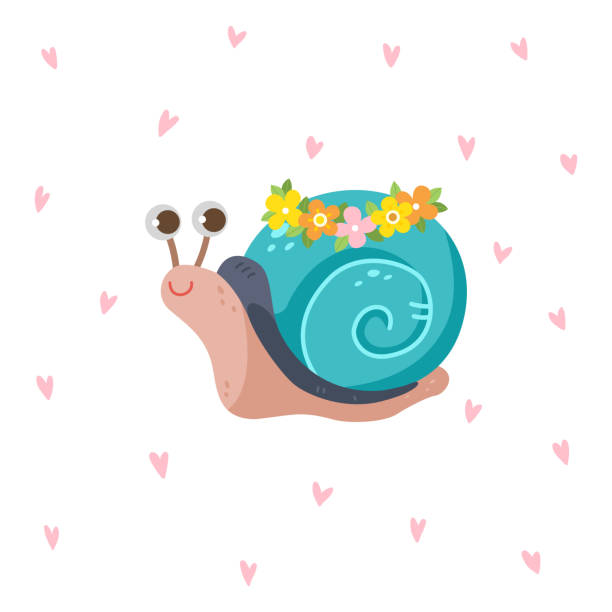 ilustrações de stock, clip art, desenhos animados e ícones de cute snail with flower crown on hearts pattern - coroa de flores