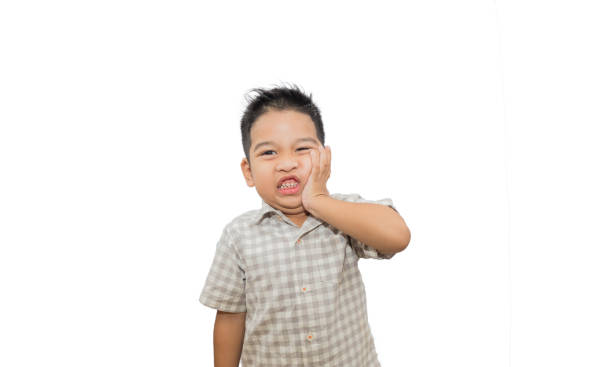 istock Asian boy toothache on white background. 1142849437