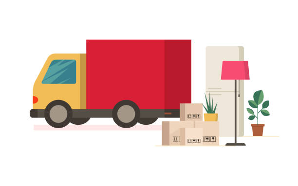 lkw und umzugskartons im freien. entfernung - truck moving van moving house box stock-grafiken, -clipart, -cartoons und -symbole